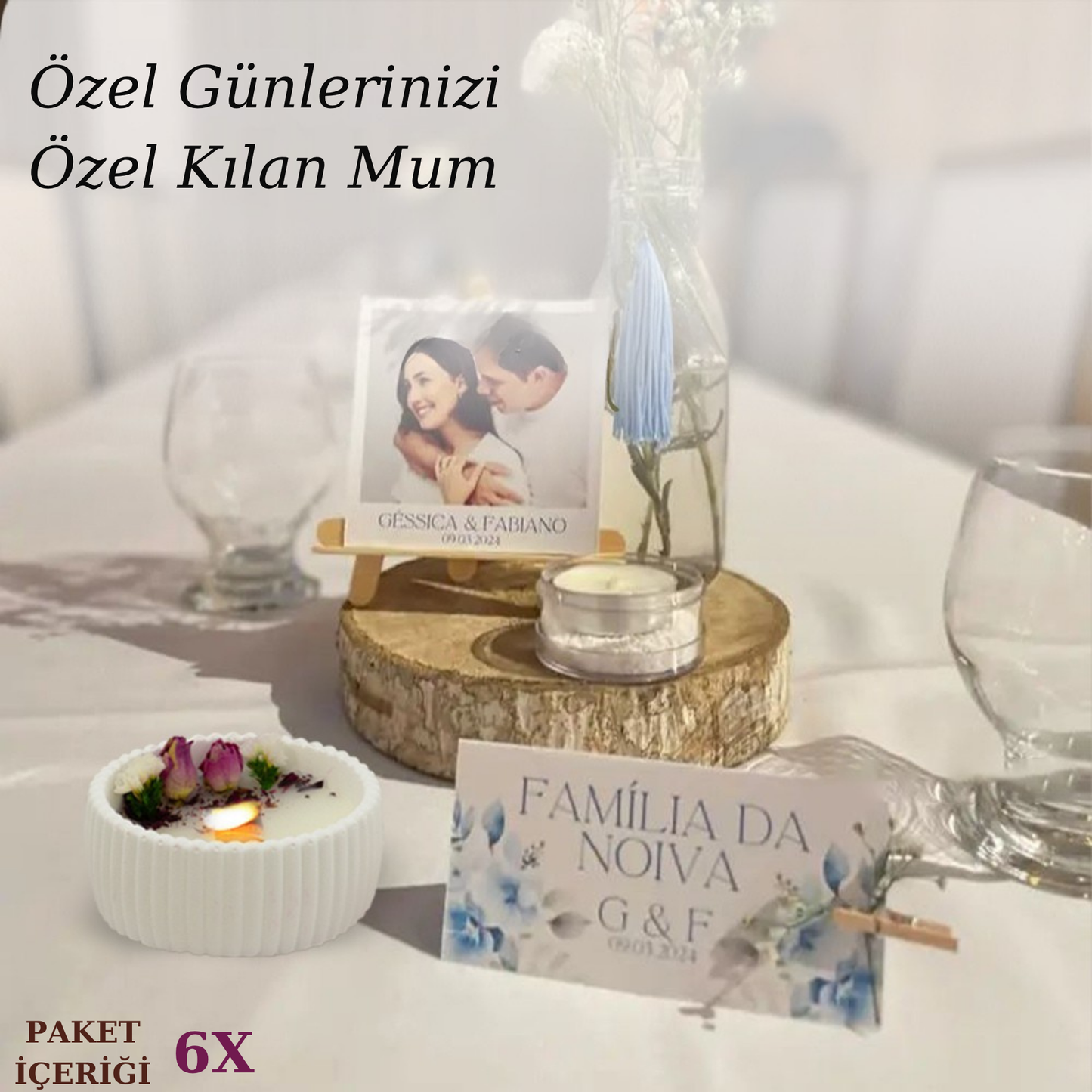 Doğal Güllü Çizgili Hediyelik Mum 6 Adet