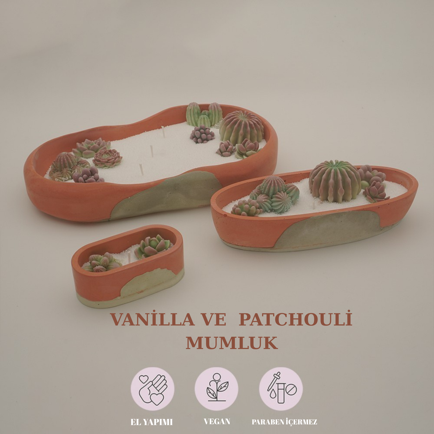 El yapımı Terracota Kaktüs Çanak Kase Mumluk 3 Boy Set