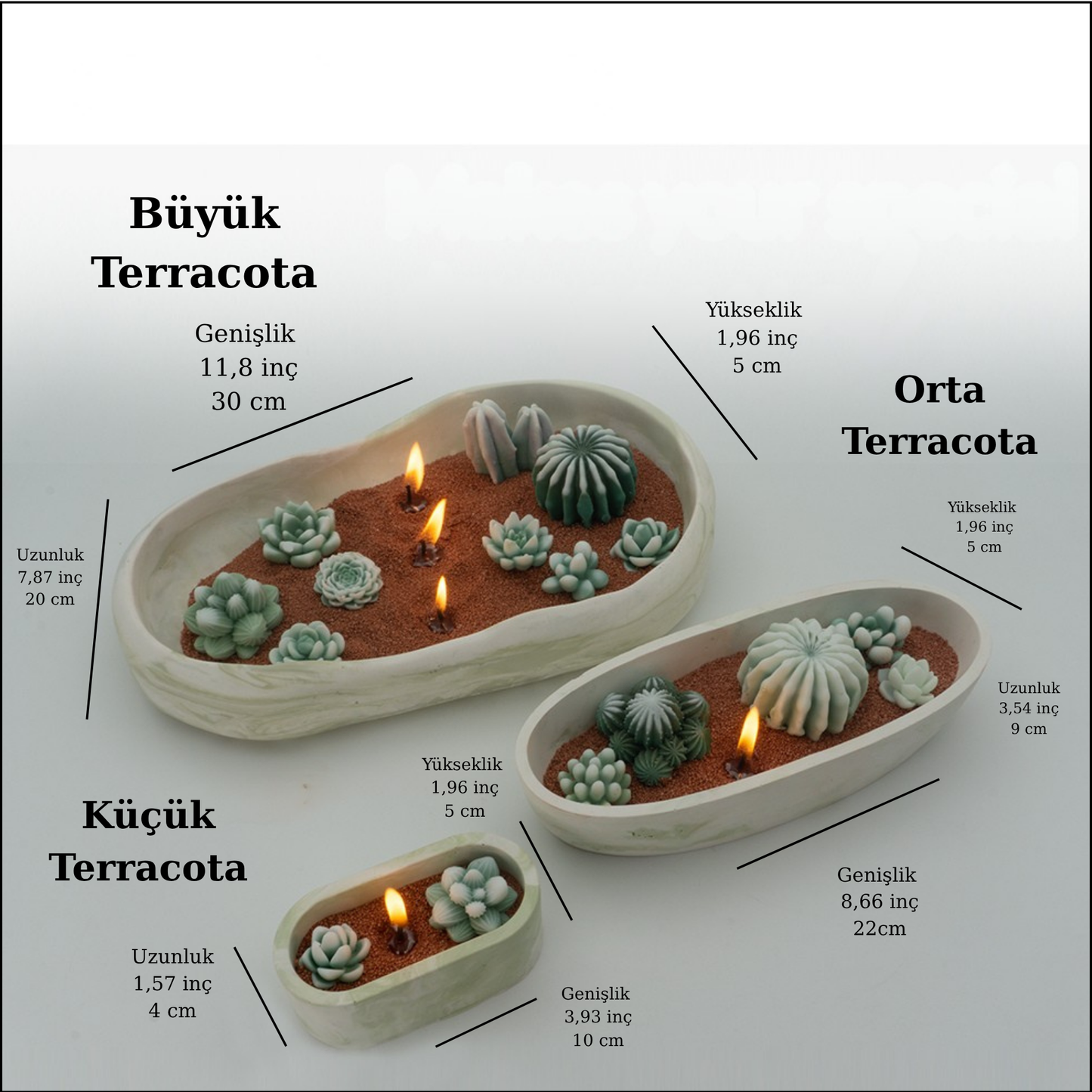 El yapımı 3 Boy Set Terracota Çanak Kase Mumluk