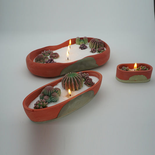 El yapımı Terracota Kaktüs Çanak Kase Mumluk 3 Boy Set