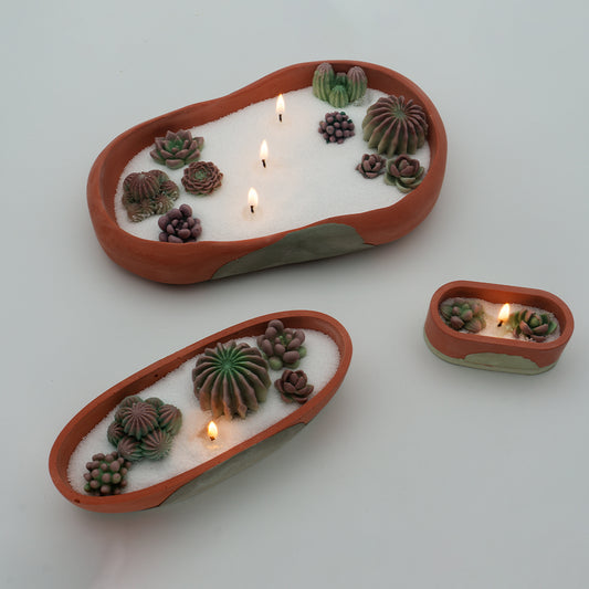 El yapımı Terracota Kaktüs Çanak Kase Mumluk 3 Boy Set